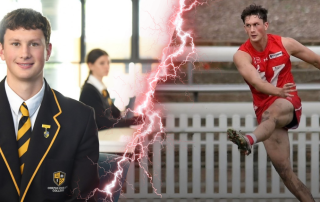 Two photos put together showing Nate in his school uniform and then kicking goals on the field
